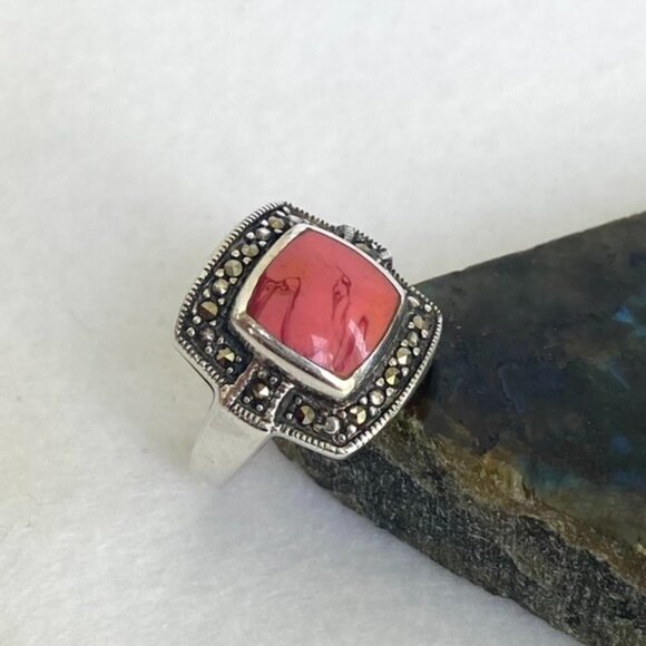 Sterling Silver 925 Square Pink Swirl Enamel Marcasite Halo Ring Sz 6.75 6g - Picture 5 of 16
